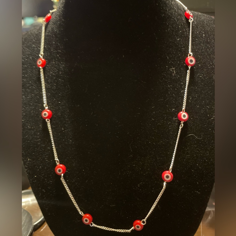 Sterling Silver 925  / Scarlet Red Evil Eye Women 16 Inch